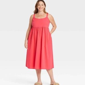 P22 Ava Viv 2X MIDI Empire Waist Dress Coral Red Cotton Adjustable